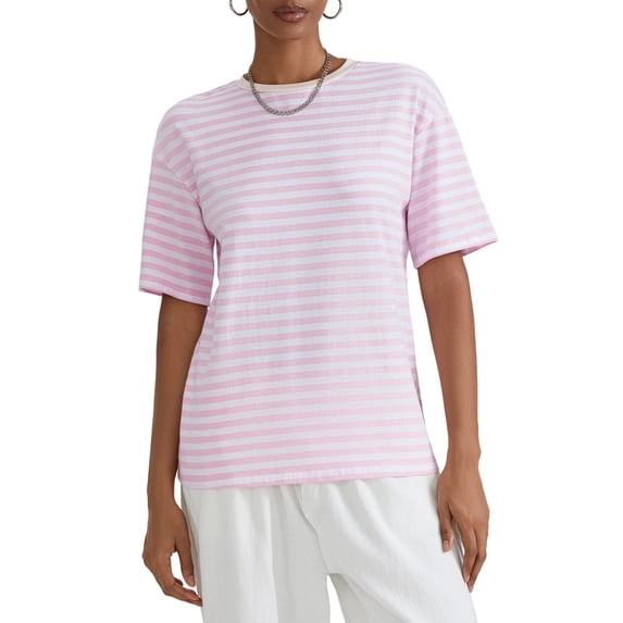 Michellecmm Women Casual Short Sleeve T-Shirts Ladies Vintage Stripe Contrast Color Shirts Round Neck Loose Fit Tops Streetwear for Daily Vacation