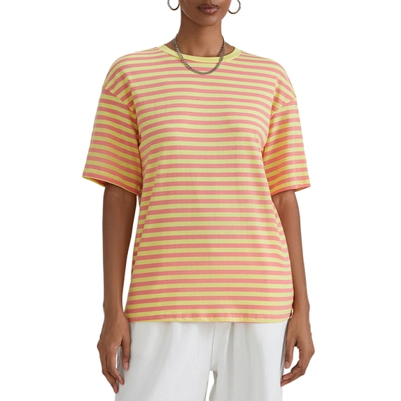 Michellecmm Women Casual Short Sleeve T-Shirts Ladies Vintage Stripe Contrast Color Shirts Round Neck Loose Fit Tops Streetwear for Daily Vacation