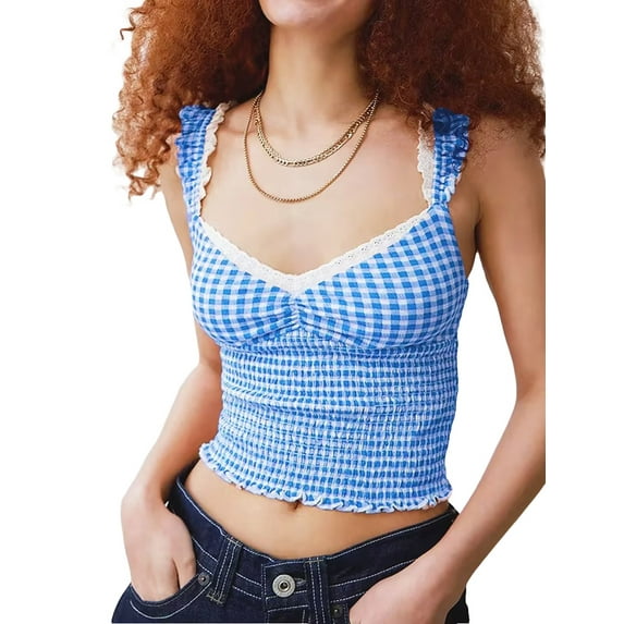 Michellecmm Women Casual Tank Plaid Print Sweetheart V-Neck Basic Vest Sleeveless Shirt Tops