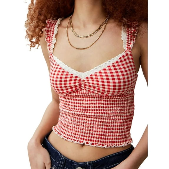 Michellecmm Women Casual Tank Plaid Print Sweetheart V-Neck Basic Vest Sleeveless Shirt Tops