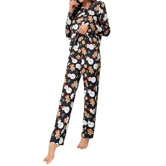 Michellecmm Women Christmas Pajama Set, Gingerbread Man Snowman Long Sleeve T-shirt with Pants Sleepwear Loungewear