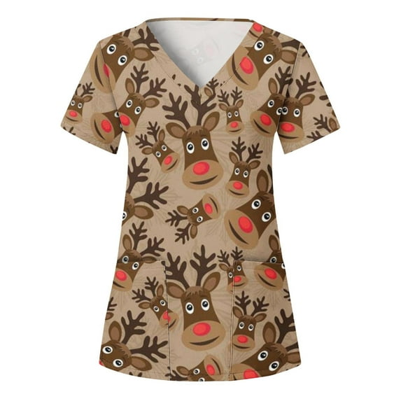 Michellecmm Women Christmas T-shirt Casual Reindeer Print Nurse Style Tops