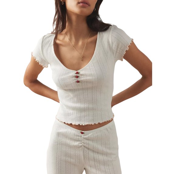 Michellecmm Women Crop Basic T-Shirts Lettuce Trim Summer Short Sleeve Tops