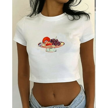 Michellecmm  Women Crop Basic T-Shirts Summer Cute Shrimp Print Short Sleeve Tops