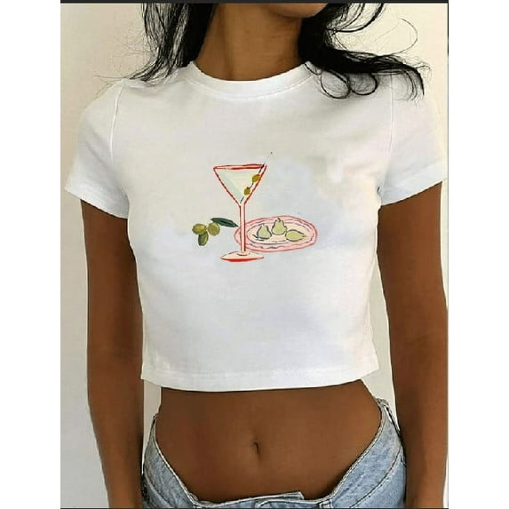 Michellecmm Women Crop Basic T-Shirts Summer Cute Shrimp Print Short Sleeve Tops