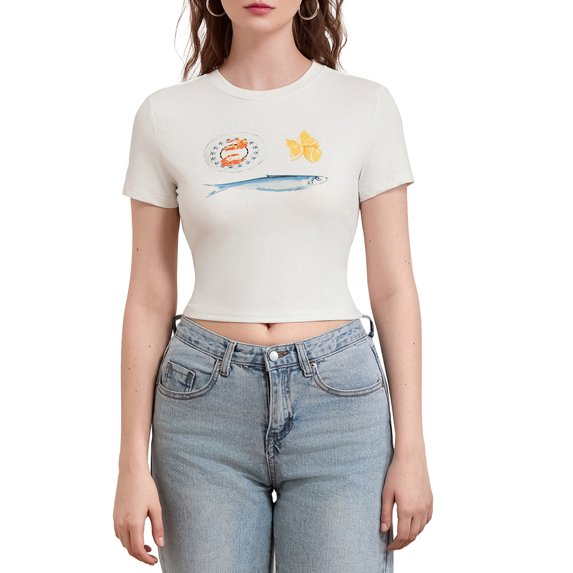 Michellecmm Women Crop Basic T-Shirts Summer Cute Shrimp Print Short Sleeve Tops
