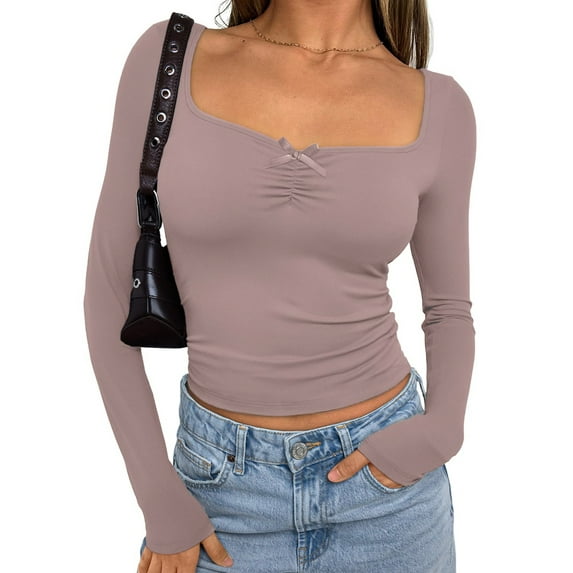 Michellecmm Women Crop Fitted Tops Summer Solid Color Cute Bow Long Sleeve Shirt