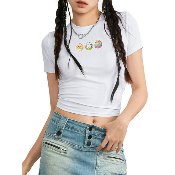 Michellecmm Women Crop T-Shirts Bow Print Summer Short Sleeve Basic Tops Pullovers