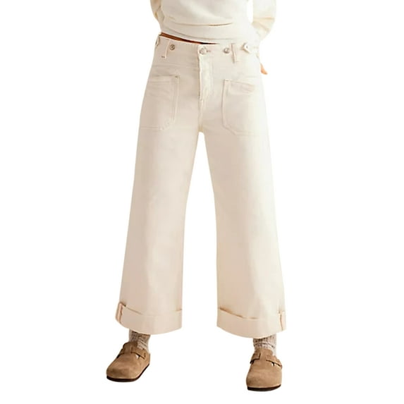 Michellecmm Women Cuffed Jeans Solid Color High Waist Wide Leg Denim Pants