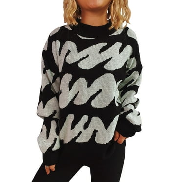 Michellecmm  Women Cute Sweaters Casual Wave Stripe Print Crew Neck Warm Pullover