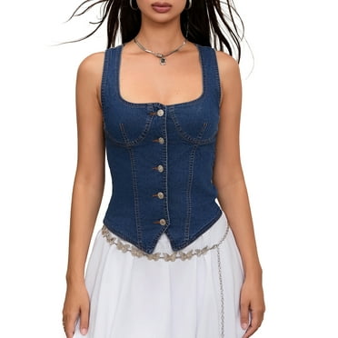 Michellecmm  Women Denim Tank Tops Solid Color Square Neck Buttons Vests Tops