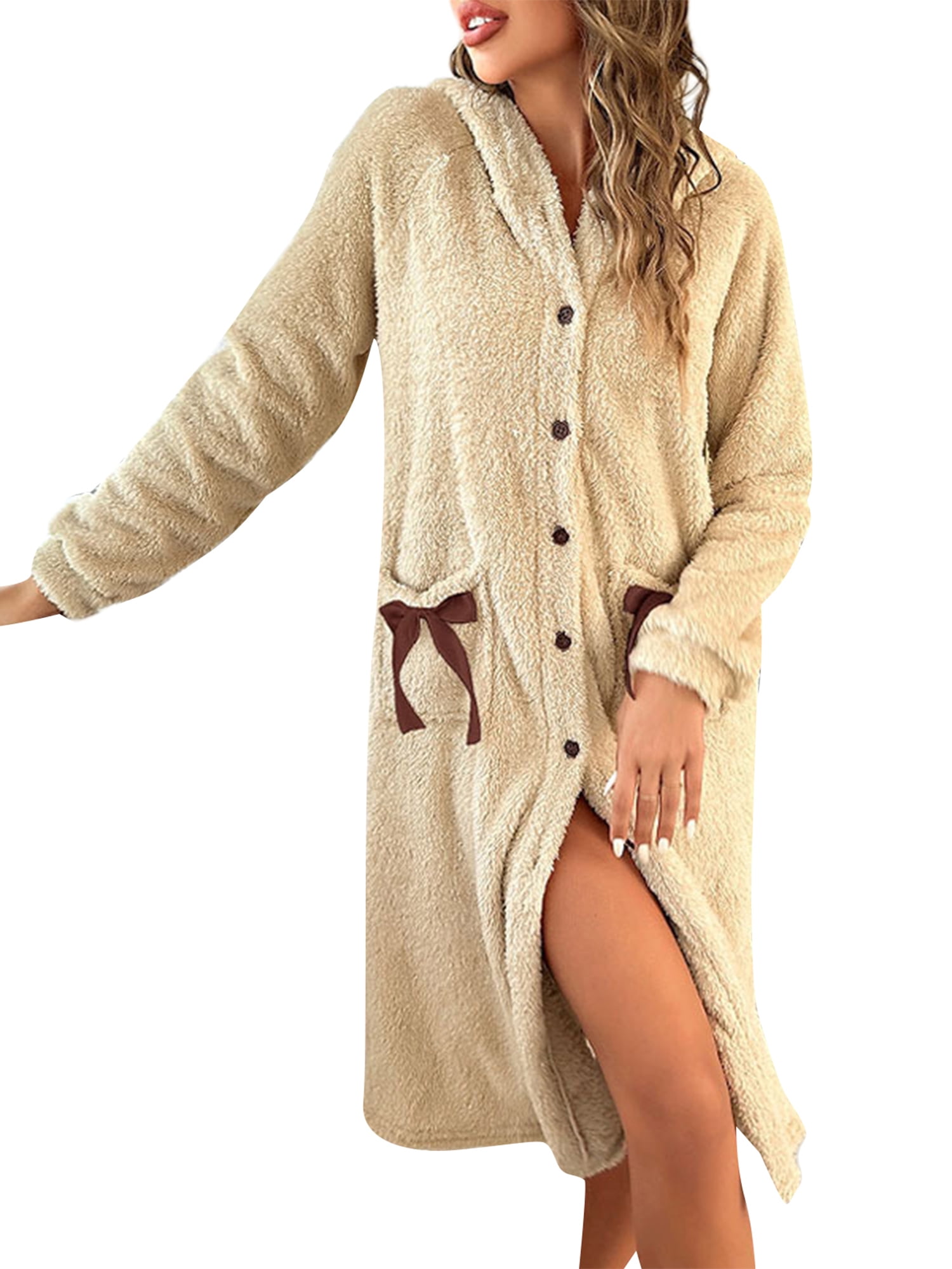 Michellecmm Women Dressing Gown Robe Buttons Bow Pockets Ladies Flannel  Hooded Bathrobe for Hotel Spa Party Kimono Robe S-XL - Walmart Business  Supplies