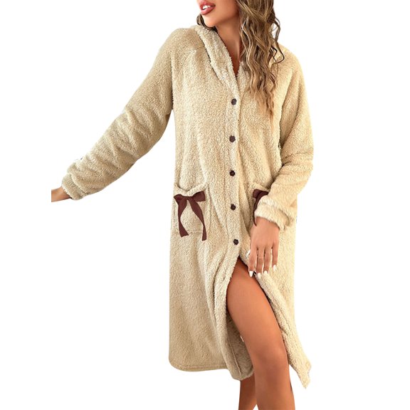 Michellecmm Women Dressing Gown Robe Buttons Bow Pockets Ladies Flannel Hooded Bathrobe for Hotel Spa Party Kimono Robe S-XL