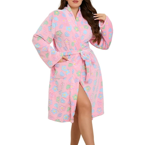 Michellecmm Women Fall Winter Fleece Robe Floral Print Long Sleeve Shawl Collar Plush Warm Plus Size Bathrobes with Belt