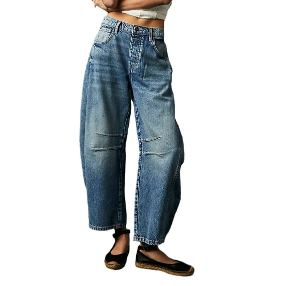 Michellecmm Women Fashion Loose Jeans Solid Color Mid-Rise Barrel Denim Pants Spring Summer Casual Trousers Streetwear