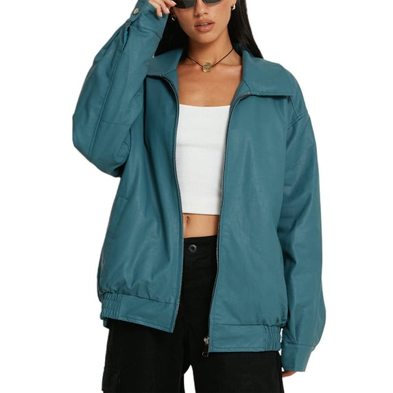 Michellecmm Women Faux Leather Jacket Solid Color Zipper Long Sleeve Motorcycle Jacket PU Leather Biker Coat Outerwear