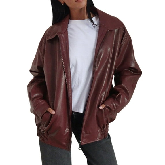 Michellecmm Women Faux Leather Jacket Solid Color Zipper Long Sleeve Motorcycle Jacket PU Leather Biker Coat Outerwear