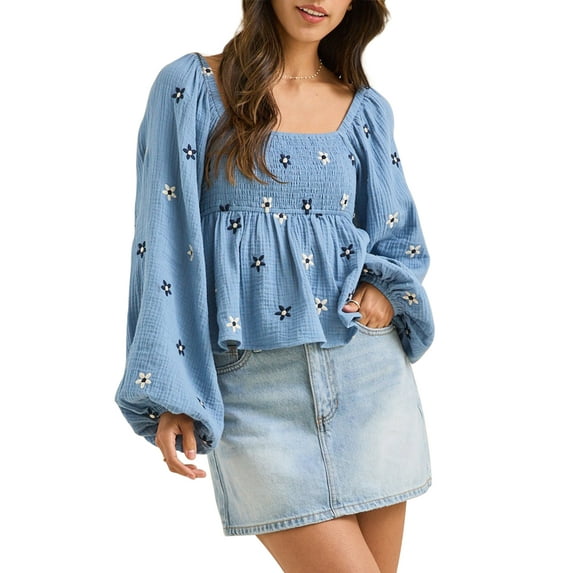Michellecmm Women Floral Embroidered Blouses Long Balloon Sleeve Smocked Square Neck Vintage Casual Fall Tops