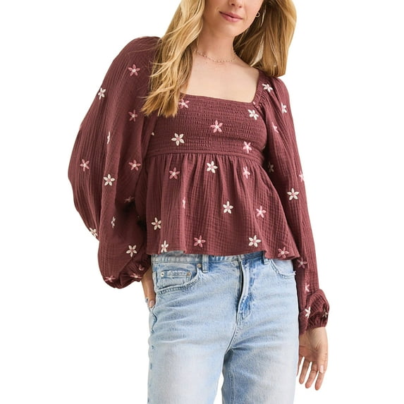 Michellecmm Women Floral Embroidered Blouses Long Balloon Sleeve Smocked Square Neck Vintage Casual Fall Tops
