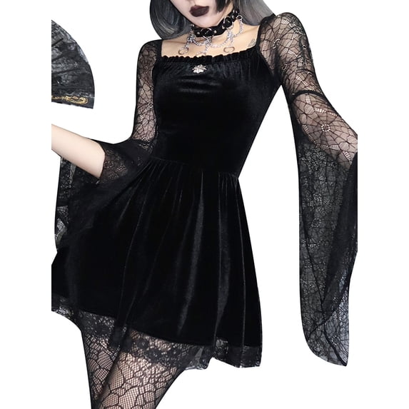 Michellecmm Women Gothic Dress Lace Patchwork Spider Web Flare Sleeve A-line Dress