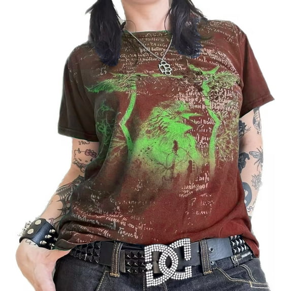 Michellecmm Women Gothic Tops Short Sleeve Vintage Pattern Print Loose T-shirt