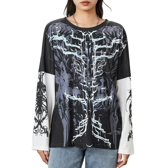 Michellecmm  Women Grunge T-Shirt Vintage Skull Print Long Sleeve Tops Streetwear