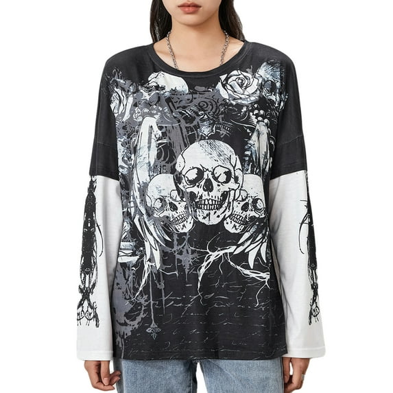 Michellecmm Women Grunge T-Shirt Vintage Skull Print Long Sleeve Tops Streetwear