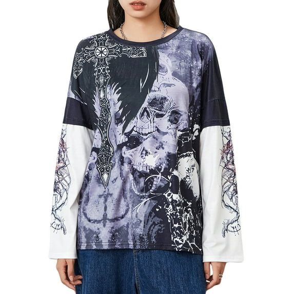 Michellecmm Women Grunge T-Shirt Vintage Skull Print Long Sleeve Tops Streetwear