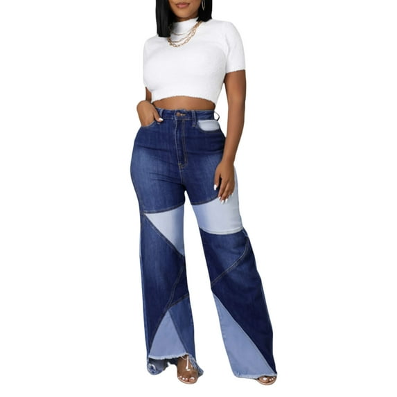 Michellecmm Women Jeans, High Waist Zipper Button Closure Patchwork Trousers