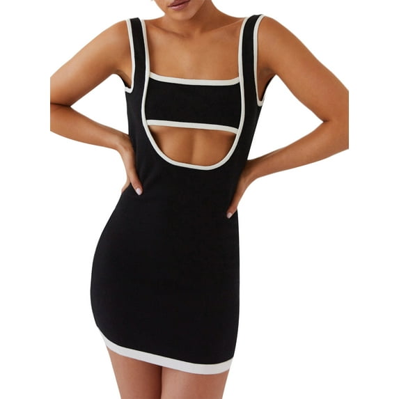 Michellecmm Women Knit Dress Patchwork Hollow-Out Sleeveless Party Dress