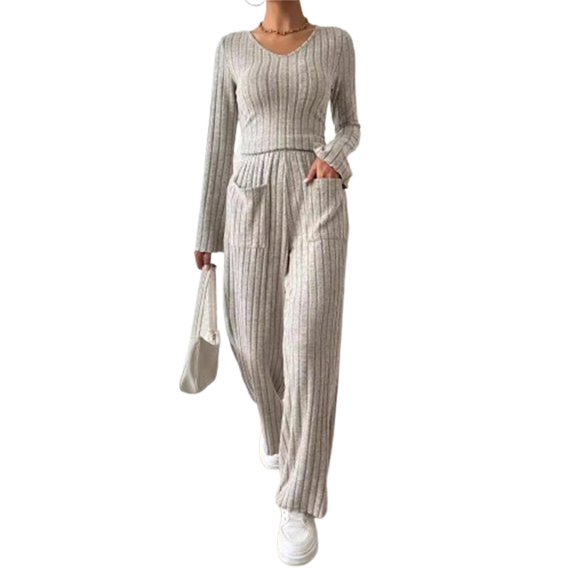 Michellecmm Women Knitted Casual Outfits Solid Color Ribbed Long Sleeve V-Neck Tops and Elastic Wide Leg Pants 2 Piece Set