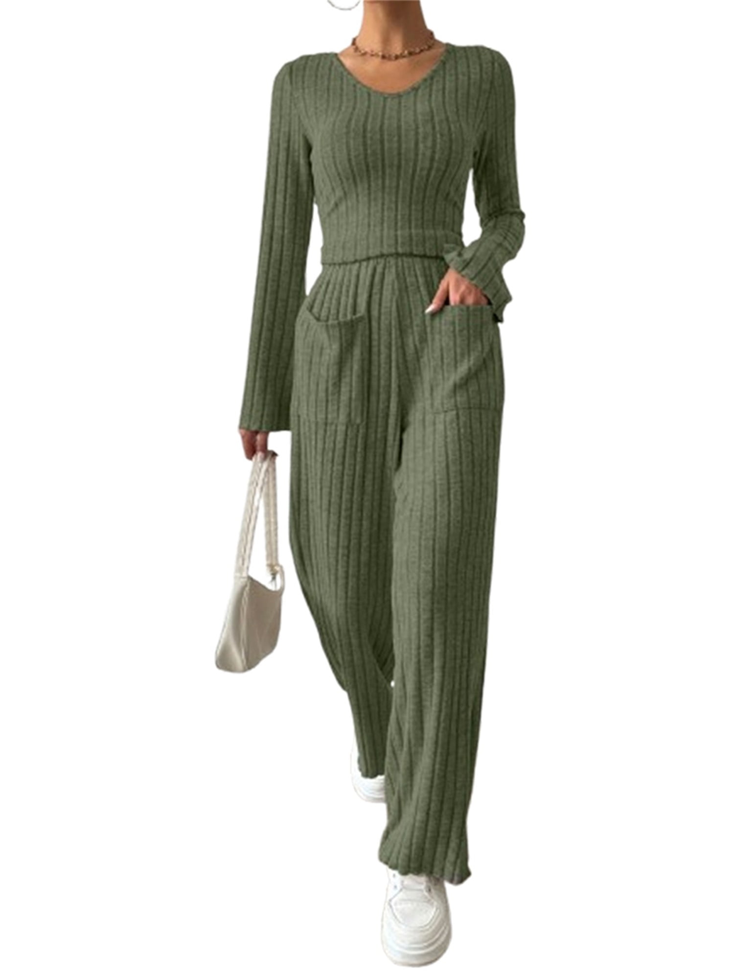 Ribbed Knit Long Sleeve Top and Pants Set