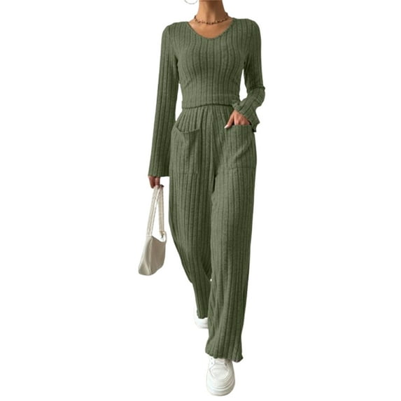 Michellecmm Women Knitted Casual Outfits Solid Color Ribbed Long Sleeve V-Neck Tops and Elastic Wide Leg Pants 2 Piece Set