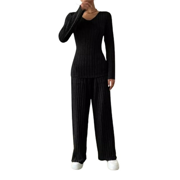Michellecmm Women Knitted Casual Outfits Solid Color Ribbed Long Sleeve V-Neck Tops and Elastic Wide Leg Pants 2 Piece Set