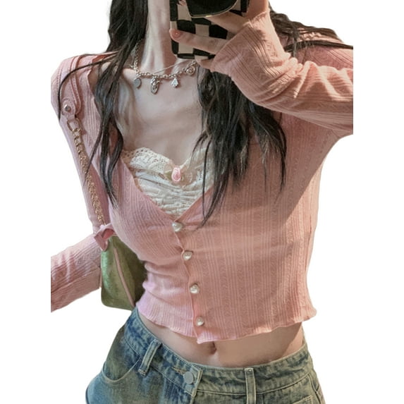 Michellecmm Women Knitted Crop Tops Fake Two-Piece Lace Patchwork Sweetheart Neckline Long Sleeve Cardigan Slim Fit Streetwear