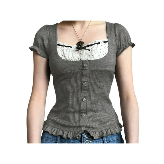 Michellecmm Women Knitting Shirt Short Sleeves Square Neck Knitting Ruffled Tops