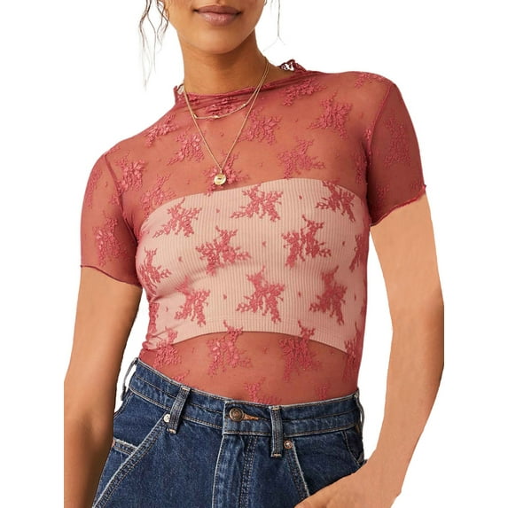Michellecmm Women Lace Top, Crew Neck Short Sleeve See-through Summer Sheer T-shirt Clubwear