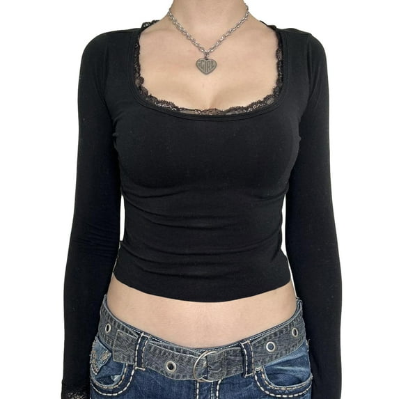 Michellecmm Women Lace Trim Short T-Shirts U-Neck Long Sleeve Shirts Tops