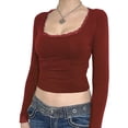 thumbnail image 1 of Michellecmm  Women Lace Trim Short T-Shirts U-Neck Long Sleeve Shirts Tops, 1 of 5