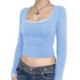thumbnail image 1 of Michellecmm  Women Lace Trim Short T-Shirts U-Neck Long Sleeve Shirts Tops, 1 of 5