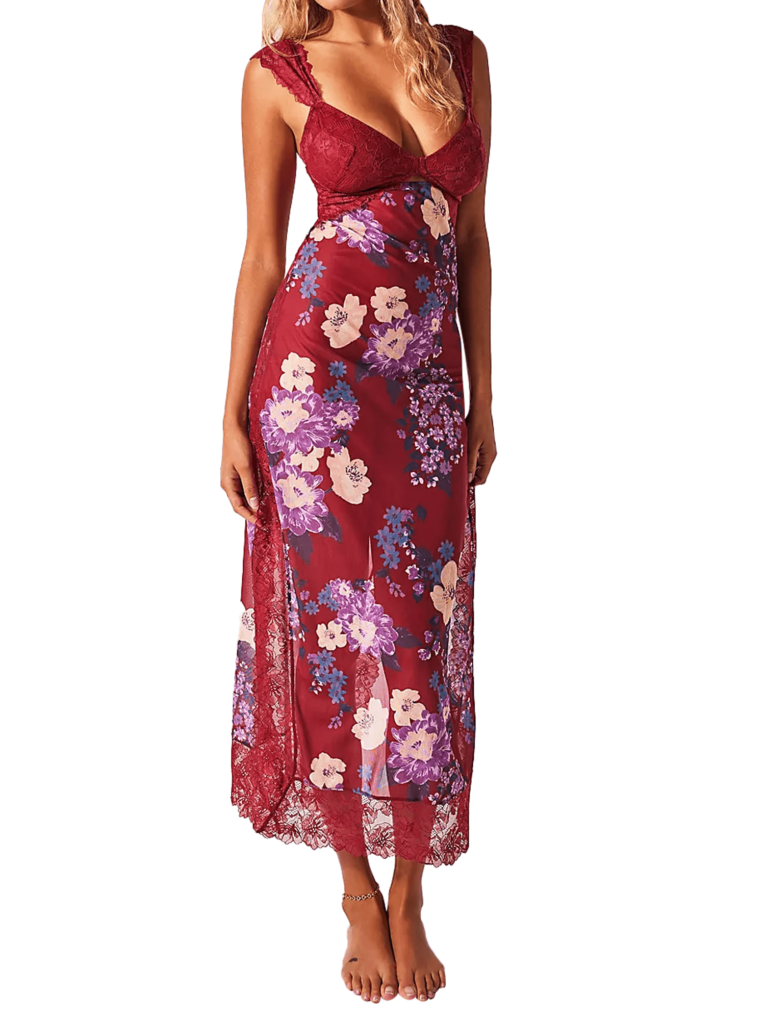 Sleeveless V-Neck Plain Lace Bow Accent Maxi Bodycon Dress
