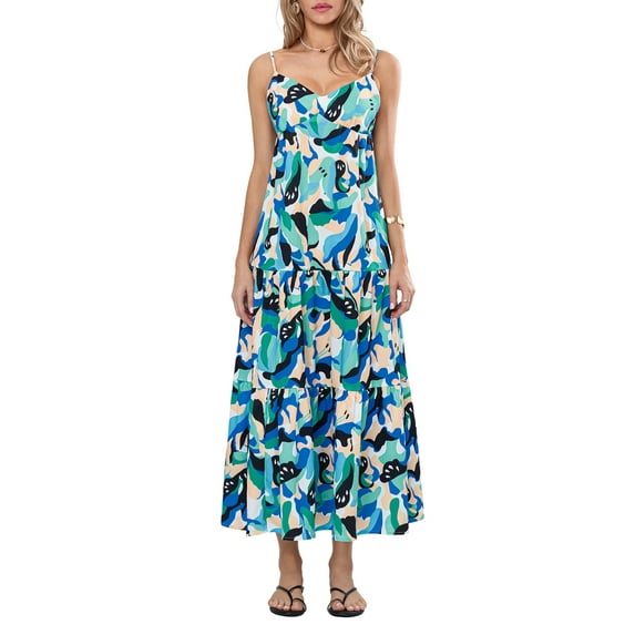 Michellecmm Women Long Dress Fashion Print Sleeveless Backless Flowy Cami Dresses