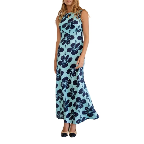 Michellecmm Women Long Dress Sleeveless Crew Neck Backless Flower Print Tank Dress