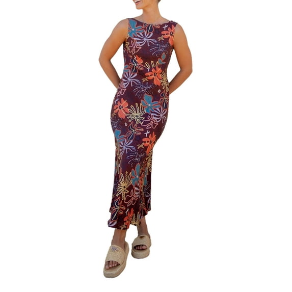 Michellecmm Women Long Dress Sleeveless Crew Neck Backless Flower Print Tank Dress
