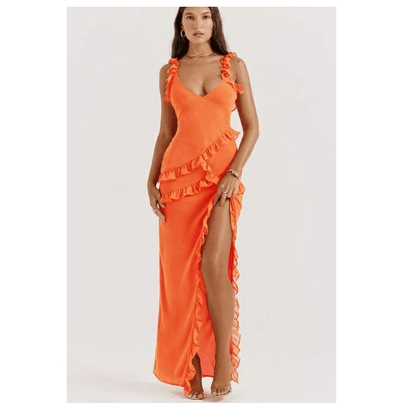 Michellecmm Women Long Dress, Sleeveless V Neck Backless Ruffled Slim Slit Dress