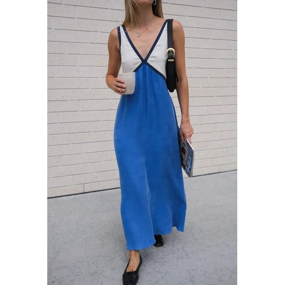 Michellecmm Women Long Dress, Sleeveless V-neck Contrast Color Swing Dress