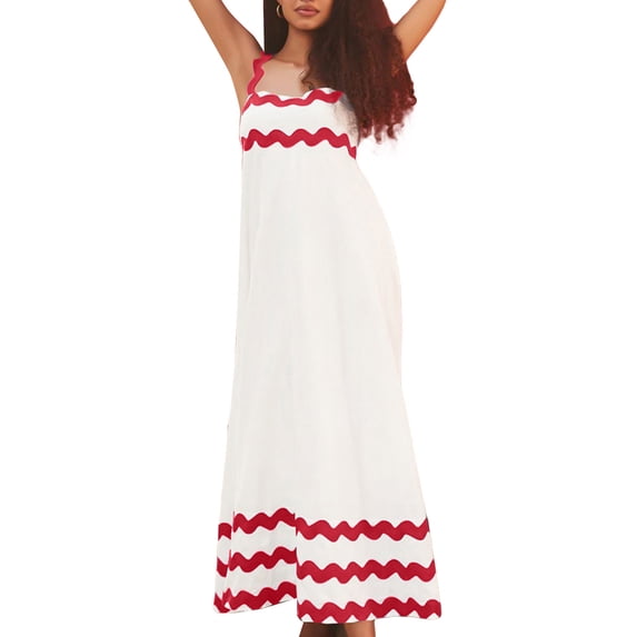 Michellecmm Women Long Dress Wavy Striped Square Neck Flowy Cami Dresses