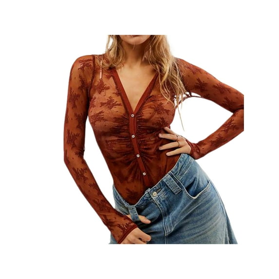 Michellecmm Women Long Sleeve Bodysuits Lace Mesh See-Through V-Neck Ruched Buttons Bodycon Rompers Jumpsuits Streetwear