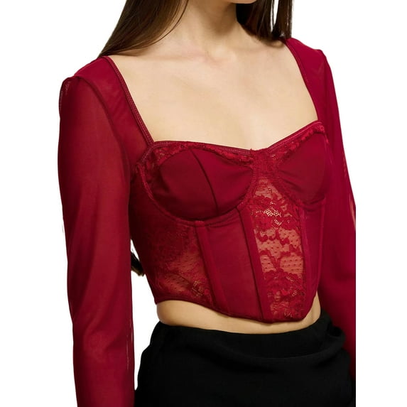 Michellecmm Women Long Sleeve Crop Tops Lace Fishbone Sweetheart Neckline T-Shirts Spring Fall Slim Fit Corset Tops Shirts