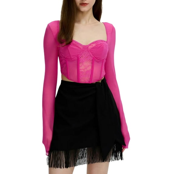 Michellecmm Women Long Sleeve Crop Tops Lace Fishbone Sweetheart Neckline T-Shirts Spring Fall Slim Fit Corset Tops Shirts